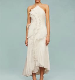 Elegant Women Ruffle Pleated Long Dress Fashion Sleeveless Halter Irregular Tiered Pleated Flowy Maxi Dresses for Wedding Party