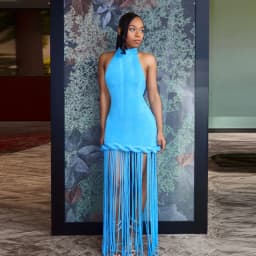 Women Blue Halter Neck Fringe Dress Chic Sleeveless Braided Trim Bodycon Vestido Beach Style Holiday Robe Party Evening Gowns