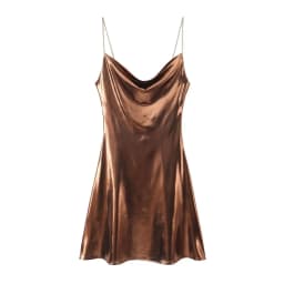 HH Women's Sexy Shinning Metallic Color Slip Mini Dress Woman Fashion Spaghetti Strap Pleated V-neck Slim Party Dresses
