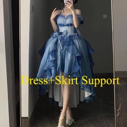 Dophee Original Lolita Trailing Puffy Dress Women Short Front Long Back Princess Blue Flower Wedding Dress Elegant Off Shoulder