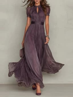 Vintage Solid Lace A-Line Long Dress Women's O Neck High Waist Pleated Party Dress Summer Short Sleeve Flowy Maxi Dresses