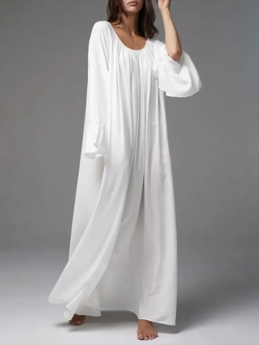 Parc Fee Casual Loose White Women Dress 2025 Elegant U-Neck Long Sleeve Floor-Length Dresses Simple Oversize Solid Female Dress
