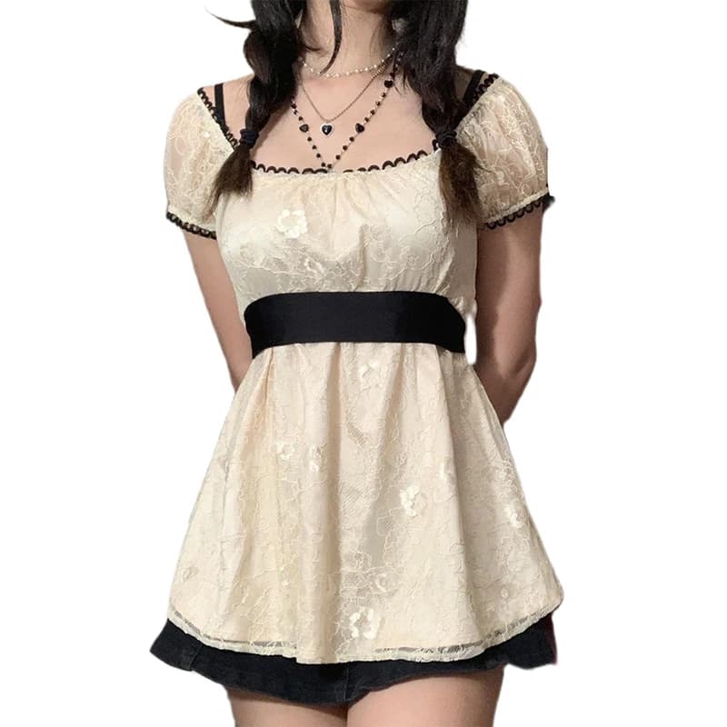 Xingqing 2024 Sweet Fairy Grunge Lace A Line Dresses Summer Women Patchwork Puff Sleeve Kawaii Dress 2000s Aesthetic Outfits