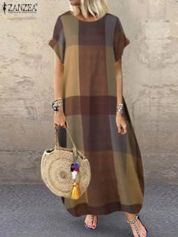 ZANZEA Bohemian Plaid Checked Sundress Summer Short Sleeve Long Dress Fashion Holiday Party Vestido Femme Casual Loose Robe 2025