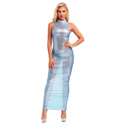 Womens Shiny Metallic Sheer Maxi Dress See Through Mock Neck Sleeveless Bodycon Long Dress Club Party Pencil Dress Cover Ups