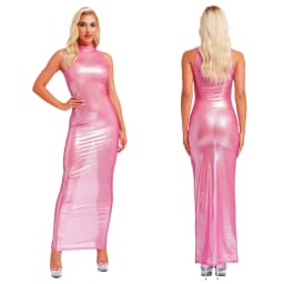 Womens Shiny Metallic Sheer Maxi Dress See Through Mock Neck Sleeveless Bodycon Long Dress Club Party Pencil Dress Cover Ups