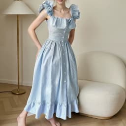 Flying Sleeves Striped Long Dresses Woman Elegant Single Breasted A-Line Robes Female Chic High Waist Summer Lady Robes Holiday