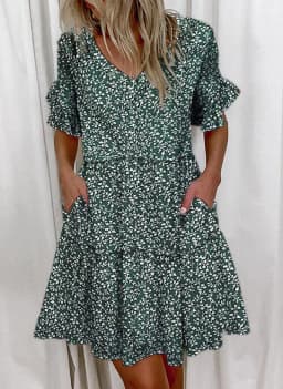 Women Summer Dress Casual V Neck Short Sleeve Butterfly Sleeve Floral Leaf Letter Print Mini Dresses Vestidos YSX9032