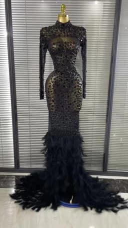 Black Red Women Long Sleeve Sexy Sparkly Crystal Mesh See Through Feathers Floor-length Mermaid Dress Evening Party Prom Outfit