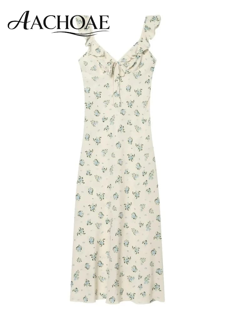 AACHOAE Women Floral Print Maxi Dress Ruffle Strap Sleeveless Summer Dress Vintage Boho Long Dress Elegant Beach Sundress
