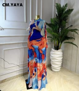 CM.YAYA Women Tie Dye Print O-neck Long Sleeve Pleated Long Dress 2026 Sexy Mesh Evening Party Birthday Vacation Dresses Vestido