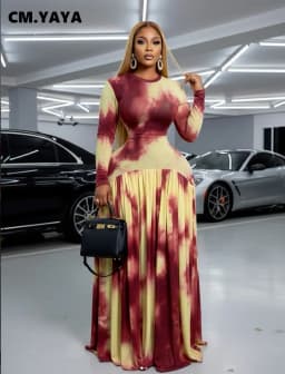 CM.YAYA Women Tie Dye Print O-neck Long Sleeve Pleated Long Dress 2026 Sexy Mesh Evening Party Birthday Vacation Dresses Vestido