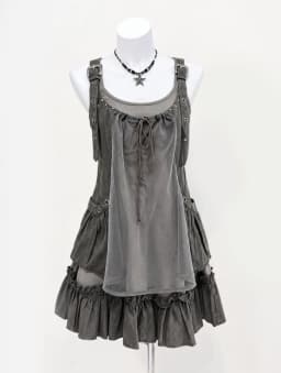 Vintage Y2K Two-Piece Outfit Strap Dress Mesh Layered Cami Ruffle Hem Japanese Harajuku Subculture Summer Casual Minidress Set