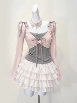 Vintage Y2K Two-Piece Outfit Strap Dress Mesh Layered Cami Ruffle Hem Japanese Harajuku Subculture Summer Casual Minidress Set