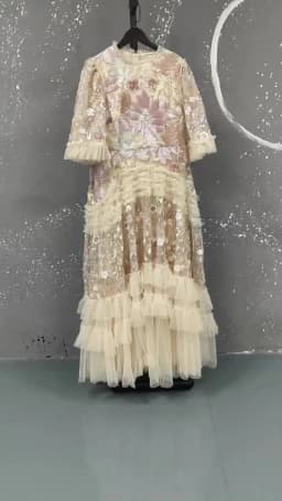 IEQJ Fashion Pink Embroidered Sequins Dress Women's Round Neck Ruffles Half Sleeves Ankle-length Dresses New 3A132