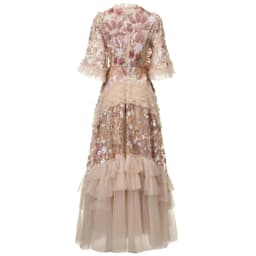 IEQJ Fashion Pink Embroidered Sequins Dress Women's Round Neck Ruffles Half Sleeves Ankle-length Dresses New 3A132