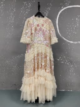 IEQJ Fashion Pink Embroidered Sequins Dress Women's Round Neck Ruffles Half Sleeves Ankle-length Dresses New 3A132