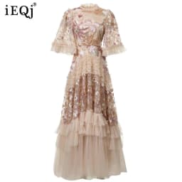 IEQJ Fashion Pink Embroidered Sequins Dress Women's Round Neck Ruffles Half Sleeves Ankle-length Dresses New 3A132