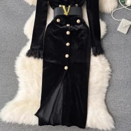 Autumn Winter Luxury Velvet Dress Women Clothing Notched Lion Metal Buttons Split Letter Belt Thick Velour Long Party Vestidos