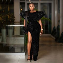 2023 African-American Evening Dress Black Sequin Round Neck Puffed Sleeve High Slit Floor-Length Fishtail Dress