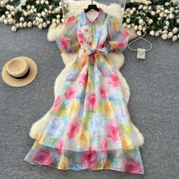 Chic vintage Sexy print mesh Spliced Fairy Summer Women Boho Sundress women clothing Long dress