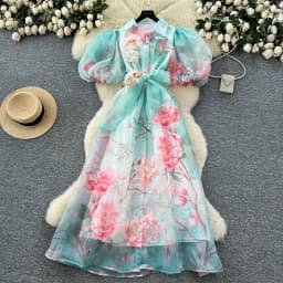 Chic vintage Sexy print mesh Spliced Fairy Summer Women Boho Sundress women clothing Long dress