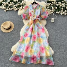 Chic vintage Sexy print mesh Spliced Fairy Summer Women Boho Sundress women clothing Long dress