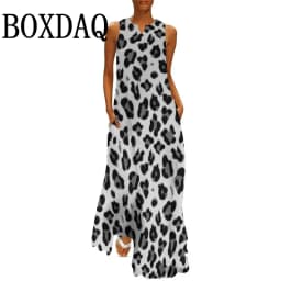Summer Women Leopard Graphic Print Dress Fashion Elegant Casual V-Neck Sleeveless Tank Long Dresses Ladies Sexy Loose Maxi Dress