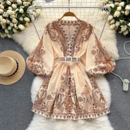 Vintage Print Elegant V-neck Lantern Long Sleeve Dress A-line Casual Women Fashion Autumn Spring Vestidos