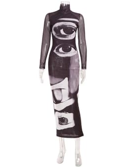 Ahagaga Fashion Women's Maxi Dresses Printed Turtleneck Regular Long Sleeves Sheath Slim Fit Eyes Causal Streetwear Vestidos