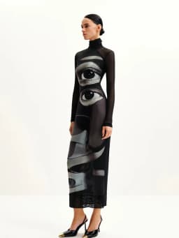 Ahagaga Fashion Women's Maxi Dresses Printed Turtleneck Regular Long Sleeves Sheath Slim Fit Eyes Causal Streetwear Vestidos