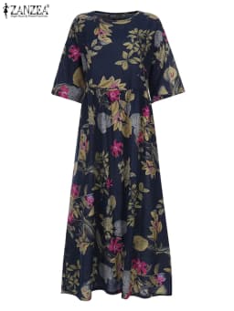 ZANZEA Floral Printed Bohemian Women's Midi Dress Loose Casual 3/4 Sleeve O Neck Long Robe Spring Retro Vacation A-line Vestidos