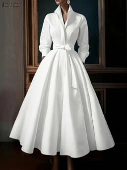 ZANZEA Fashion Women Lapel Neck Long Sleeve Party Dress 2026 Spring Office OL Dresses Belted Robe Solid A Line Waisted Sundress