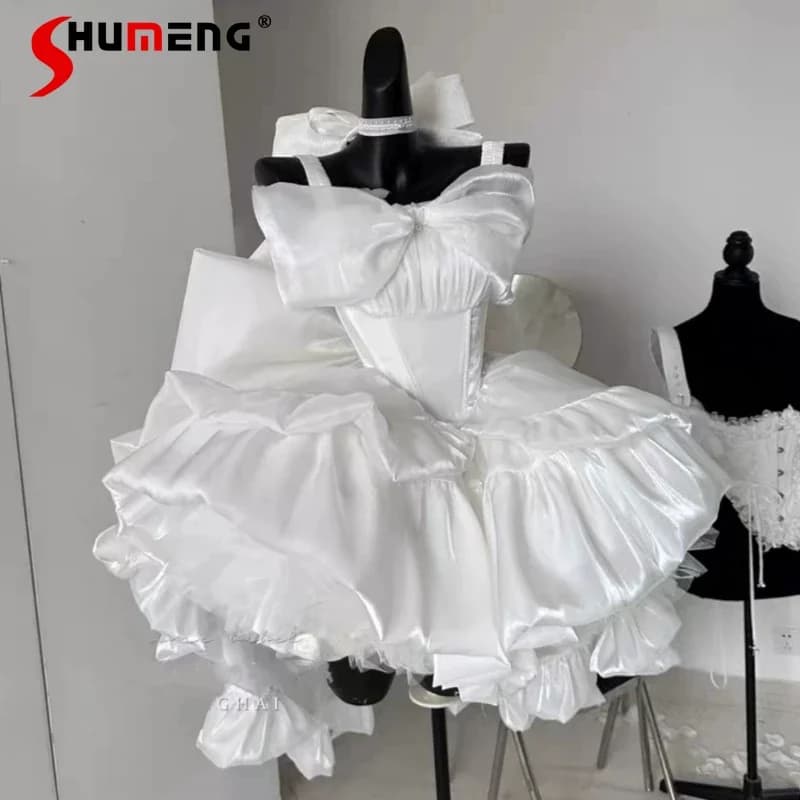Women's White Angel Princess Fairy Dress Sweet Bow Off Shoulder Slim Strapless Trailing Dress Party Evening Dresses 2024 New