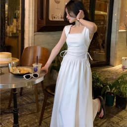 French Style White Suspender Dress Woman Korean Chic Drawstring High Waist Long Dresses Summer Sleeveless Square Collar Dress