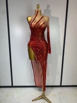 Sexy Red Mesh See Through Diamonds Sequins Dress Luxury Birthday Evening Party Costume Bar Nightclub Stage Performance Outfit