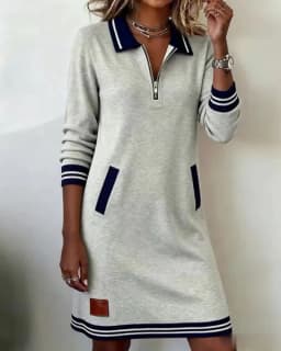 Autumn Winter Fashionable Versatile Women's Dress Casual Contrasting Color Splicing Lapel Long-sleeved Loose Dress With Pockets