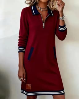 Autumn Winter Fashionable Versatile Women's Dress Casual Contrasting Color Splicing Lapel Long-sleeved Loose Dress With Pockets