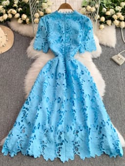 Ele Summer Lace round Ne Dr Women's High Waist Slimming Long Skirt Korean Sle Commute High Softn Regular Sve