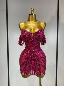 Women Sexy Sparkly Rhinestones Sequins Off The Shoulder Mesh Mini Dress Birthday Party Nightclub Dancer Stage PhotoShoot Costume