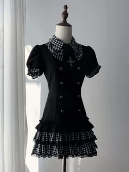 Gothic Lolita Harajuku Subculture Striped Puff Sleeve Bow Lace Mini Dress Women Y2k Double Breasted Casual Party Outfit New 2026