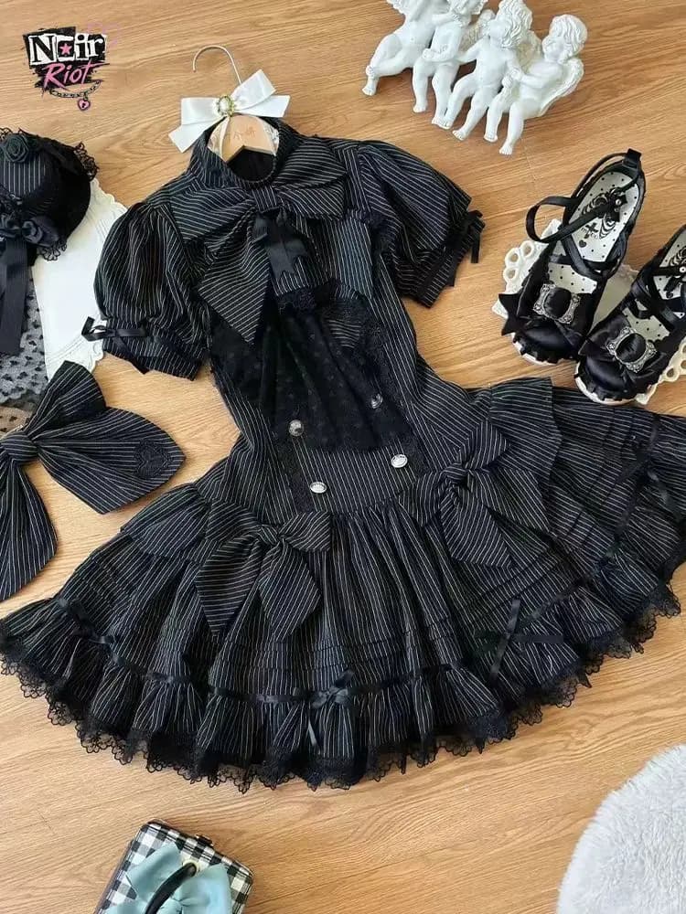 Gothic Lolita Harajuku Subculture Striped Puff Sleeve Bow Lace Mini Dress Women Y2k Double Breasted Casual Party Outfit New 2026