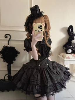 Gothic Lolita Harajuku Subculture Striped Puff Sleeve Bow Lace Mini Dress Women Y2k Double Breasted Casual Party Outfit New 2026