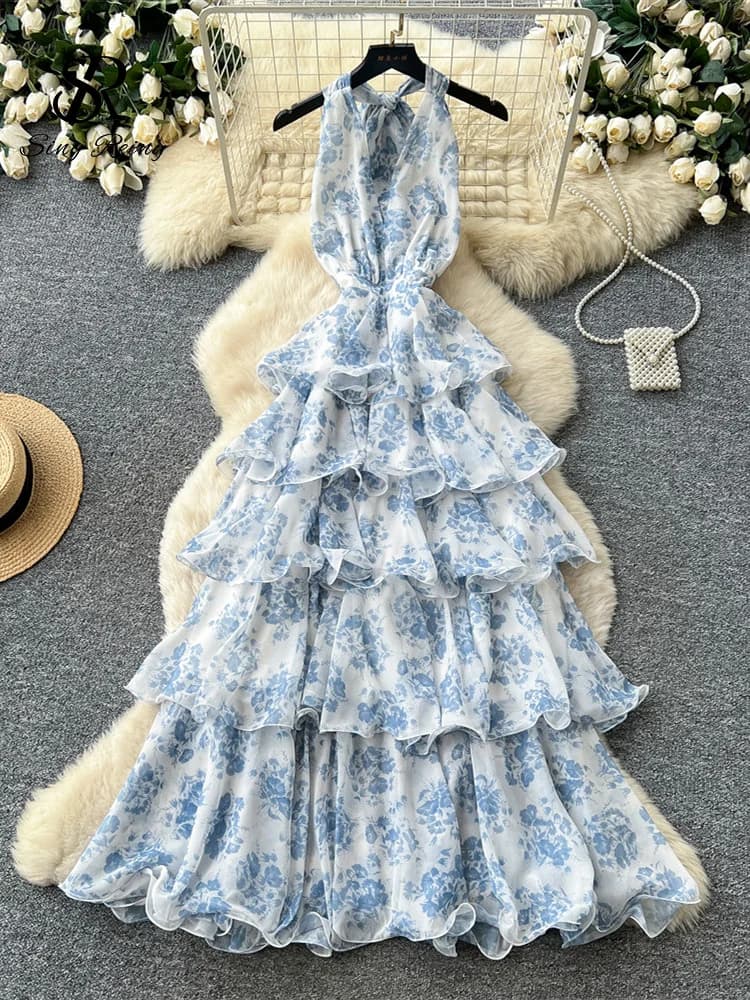 SINGREINY French Floral Party Dress Women Backless Halter V Neck Lace Up A-line Slim Chic 2026 Summer Elegant Chiffon Cake Dress