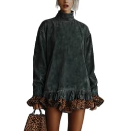 Turtleneck Leopard Trim Dress for Women's Long Sleeve Suede Velvet Flare Sleeve Casual Retro Loose Straight Mini Dresses 2025