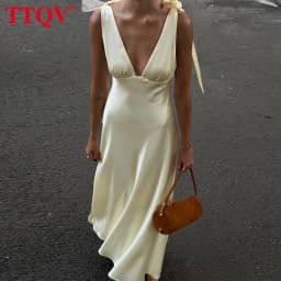 TTQV Sexy Loose Yellow Satin Women's Dress 2026 Summer V-Neck Sleeveless Maxi Dresses Elegant Classic Lace-Up Female Dress