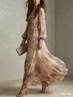 Elegant Long Sleeve Chiffon Long Dresses For Women 2026 Fashion Floral Print Slim Party Maxi Dress Casual