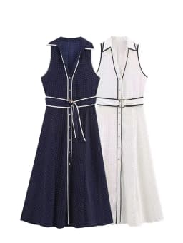 HH Woman Elegant Sleeveless Single-breasted Midi Dress Summer Female Lapel White Polka Dot Shirt Style Chart Dress Mujer