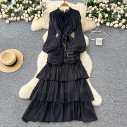 Vintage Elegant Spliced lace-up ruffle slim Dress Korean Fashion Long dress hotsweet Women Fashion Dresses