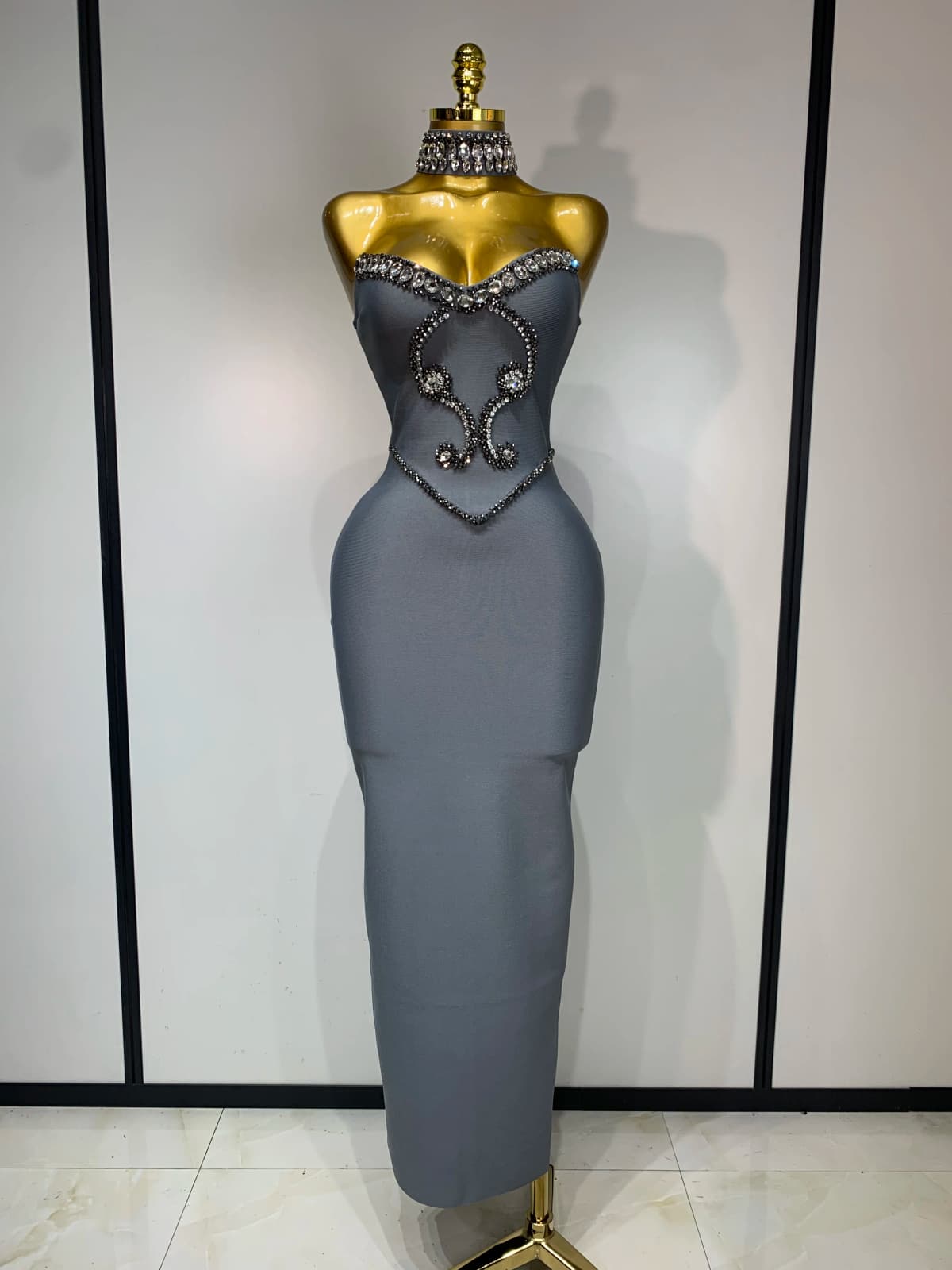 High Quality Strapless Beading With Necklace Bandage Dress Celebrity Elegant Evening Party Fancy Club Birthday Dresses